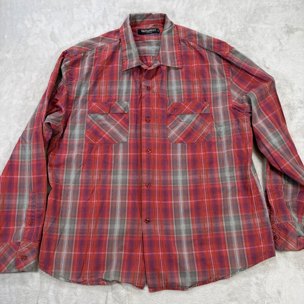 Dragonfly Edward Dada Mens XXL Red Plaid Hot Rod Embroidered Button Shirt - Picture 3 of 7